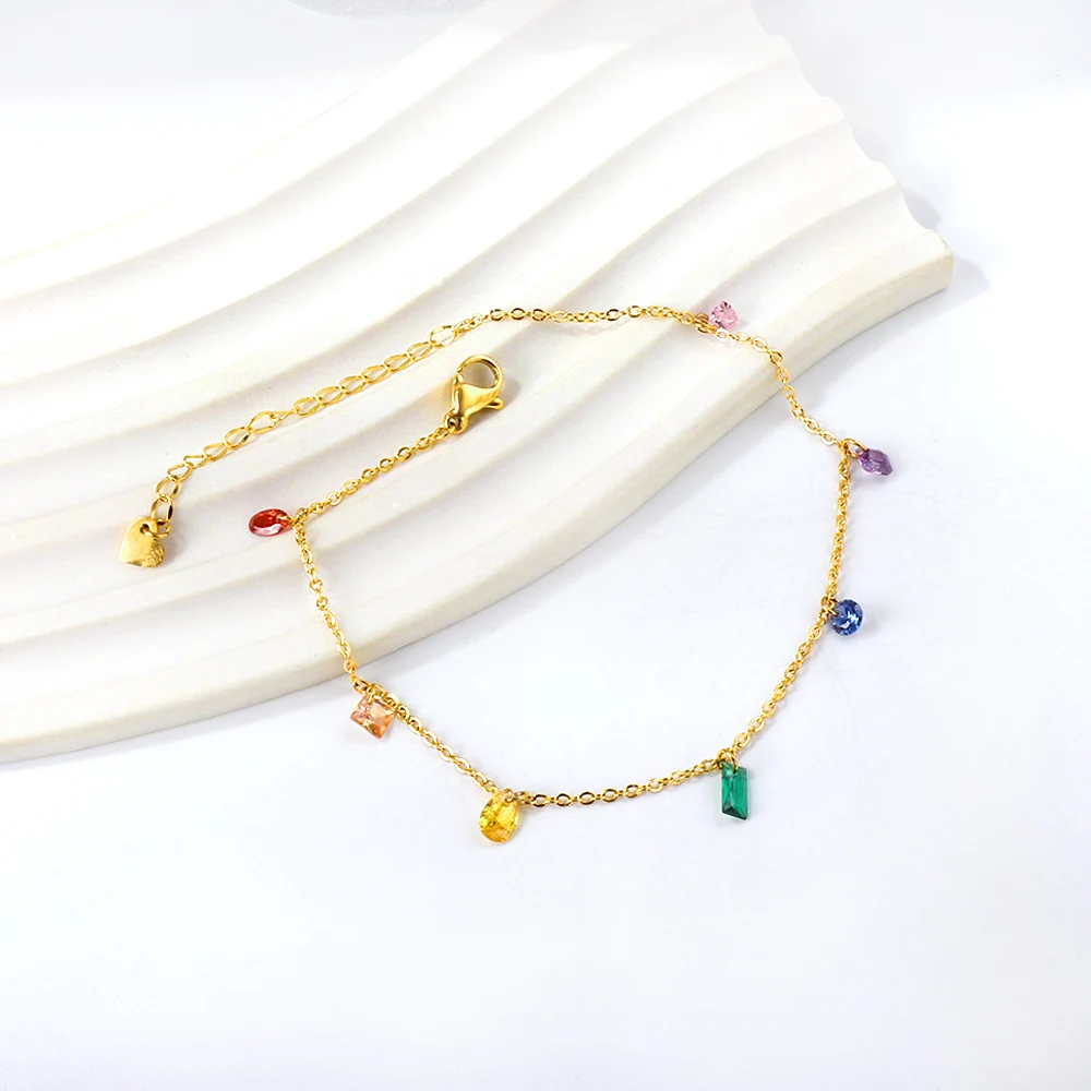 LUXUSTEEL Boho 여성용 큐빅 지르콘 발찌, 스테인레스 스틸, 기하학적 크리스탈 발목 팔찌, 다채로운 여름 샌들, 2023
