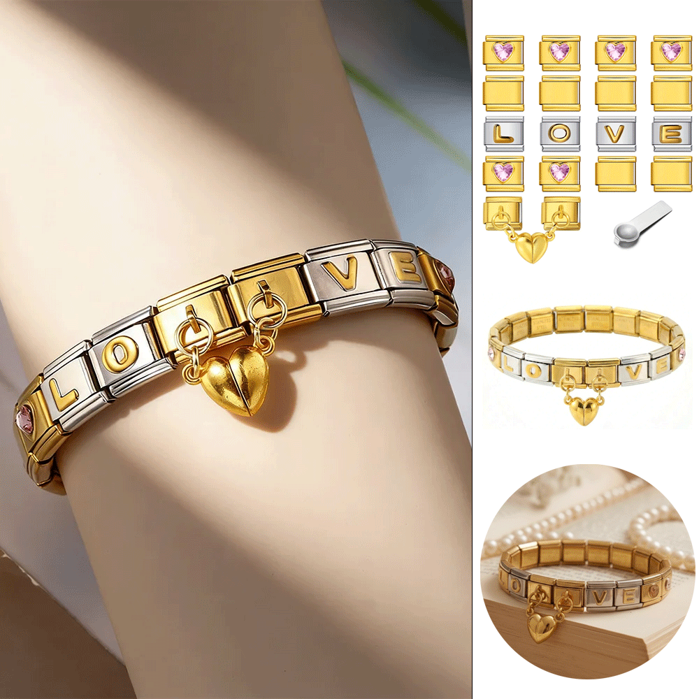 Liebeswort Rosa Herz Element Werkzeug-Kombinationsset 9mm Italienisches Charm-Armband 18-teiliges Set Personalisierter DIY Edelstahl-Schmuck – Detail 5