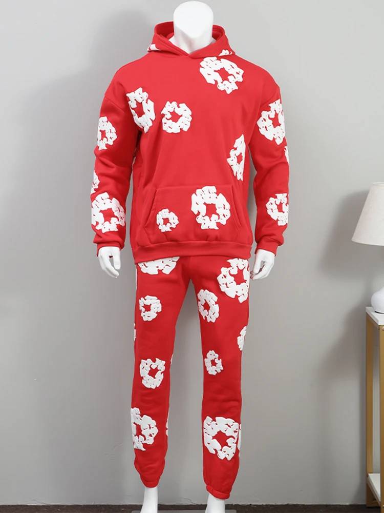 Hooded Sweatshirts Men Flower Printed Hoodie Sweatpants 2 Piece Set Long Sleeve Pullover Sweatershirt Suit Elastice Waist Trousers Outfits