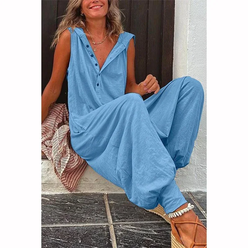 Women Button Sleeveless Rompers Summer Causal Beach Cross-pants Fashion Loose Solid Wide Leg Playsuit New Retro Hooded Jumpsuit