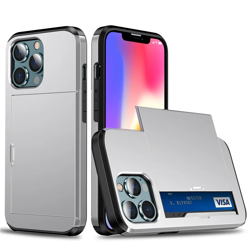 thumbnail image 1 of Slide Wallet Credit Card Slot Phone Case For iPhone 15 14 13 12 11 Pro X XR XS Max 7 8 Plus SE Armor TPU Shockproof Back Cover, 1 of 5