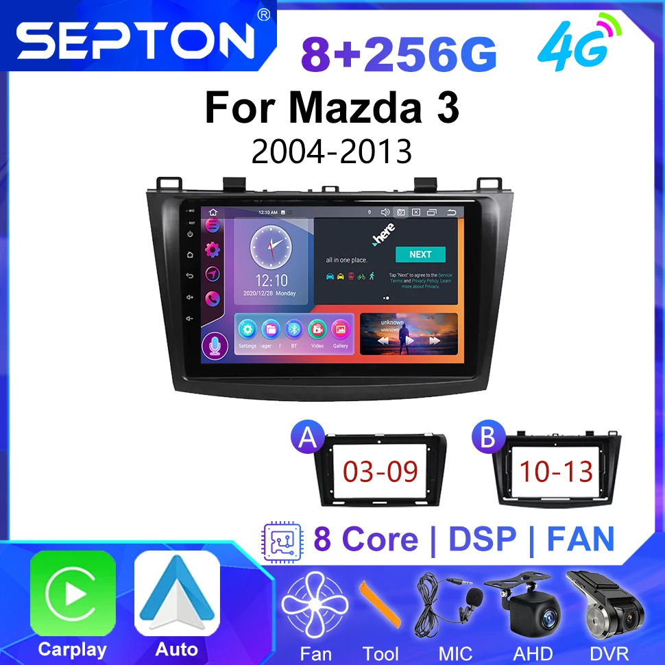 

SEPTON 2DIN Car Radio for Mazda 3 2004-2013 GPS Stereo Navigation Multimedia Player 4G Carplay Android 12 9" Autoradio Head Unit