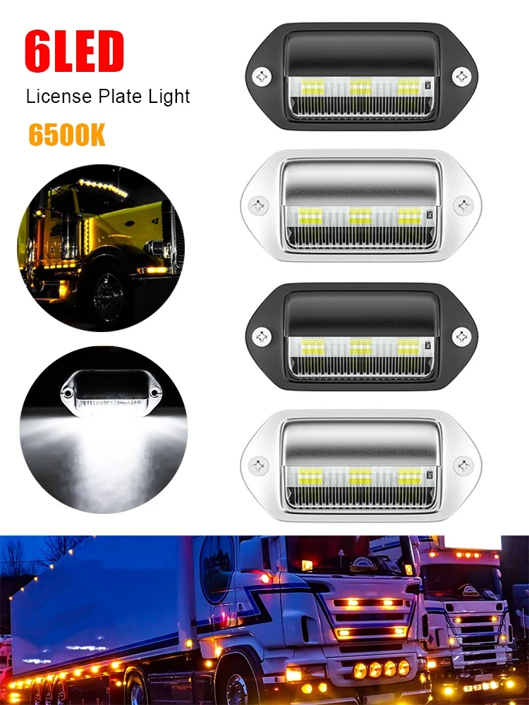 2pcs 6LED Car License Plate Lights 12-24V LED Side Marker 6500K White Warning Signal Waterproof for SUVs Trucks Trailers Buses