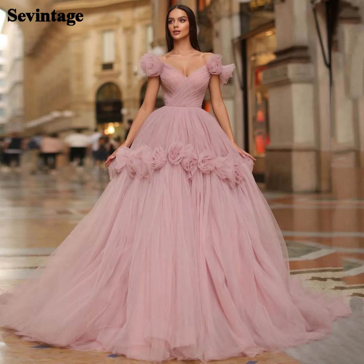 

Sevintage A Line Pink Soft Tulle Prom Dresses Flowers Off The Shoulder Pleats Formal Evening Gowns Special Occasion Party Dress
