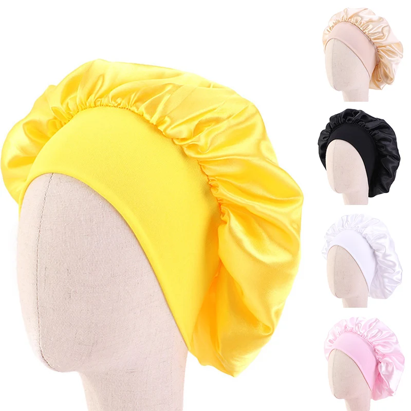 Kids Satin Solid Color Sleeping Hat Night Sleep Baotou Cap Cute Bow Elastic Hair Care Bonnet Nightcap Bonnet Turban Headwear