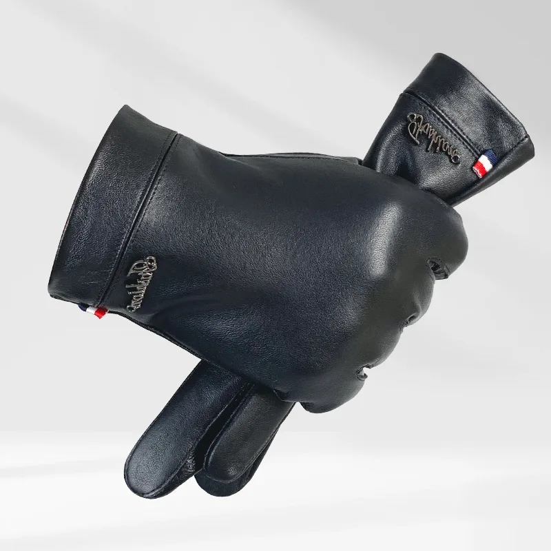 Genuine Sheepskin Leather Gloves Men Full Finger Winter Warm Touchscreen Texting Driving Motorcycle Fleece Business Black Gloves 2