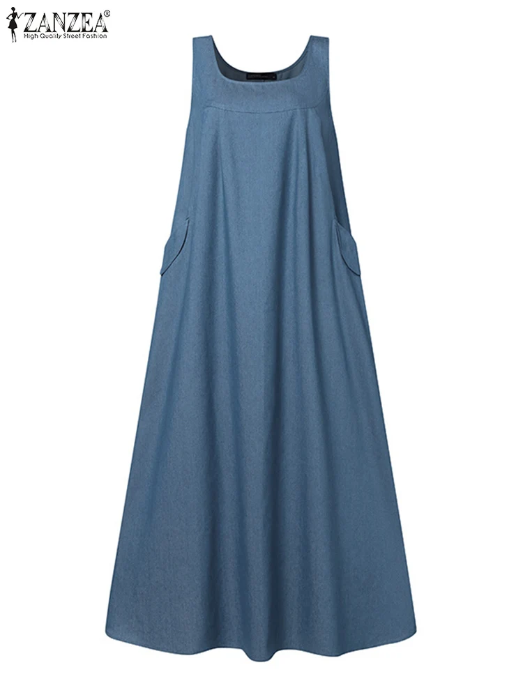 2024 ZANZEA Fashion Summer Sundress Sarafans Casual Women Sleeveless Muslim Abaya Vestido Denim Blue Loose Solid Overalls Dress - Image 4