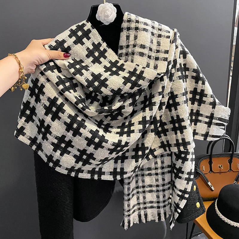 

2022 New Winter Cashmere Shawl Ladies Fashion Plaid Female Korean Double-sided Thickening Warm Large Pashmina Bufanda Stoles