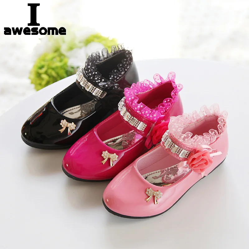 Children's Shoes For Girl Spring New Princess Lace Leather Shoes Fashion Cute Bow Rhinestone Wedding Shoes Student Party Dance