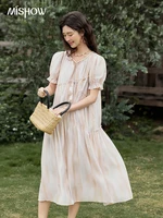 MISHOW French Summer Dress Women 2025 New V-neck Short Puff Sleeve Hollow Gradient Dresses Female Fashion Slimming MXE31L2166