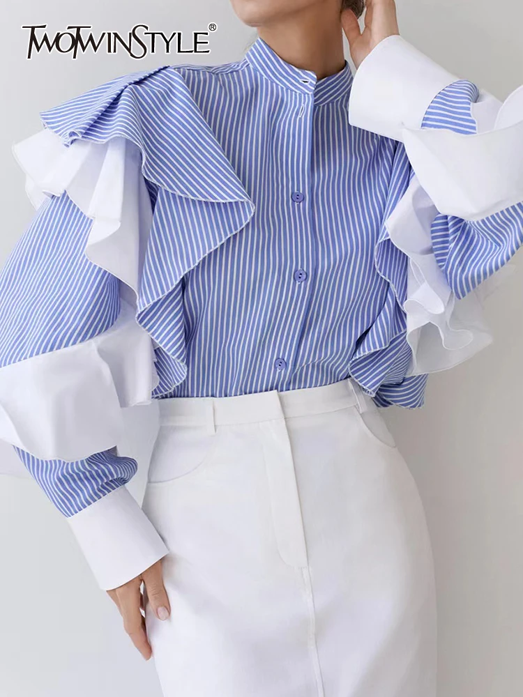 

TWOTWINSTYLE Colorblock Striped Casual Blouses For Women Stand Collar Butterfly Sleeve Spliced Single Breasted Shirt Female 2023