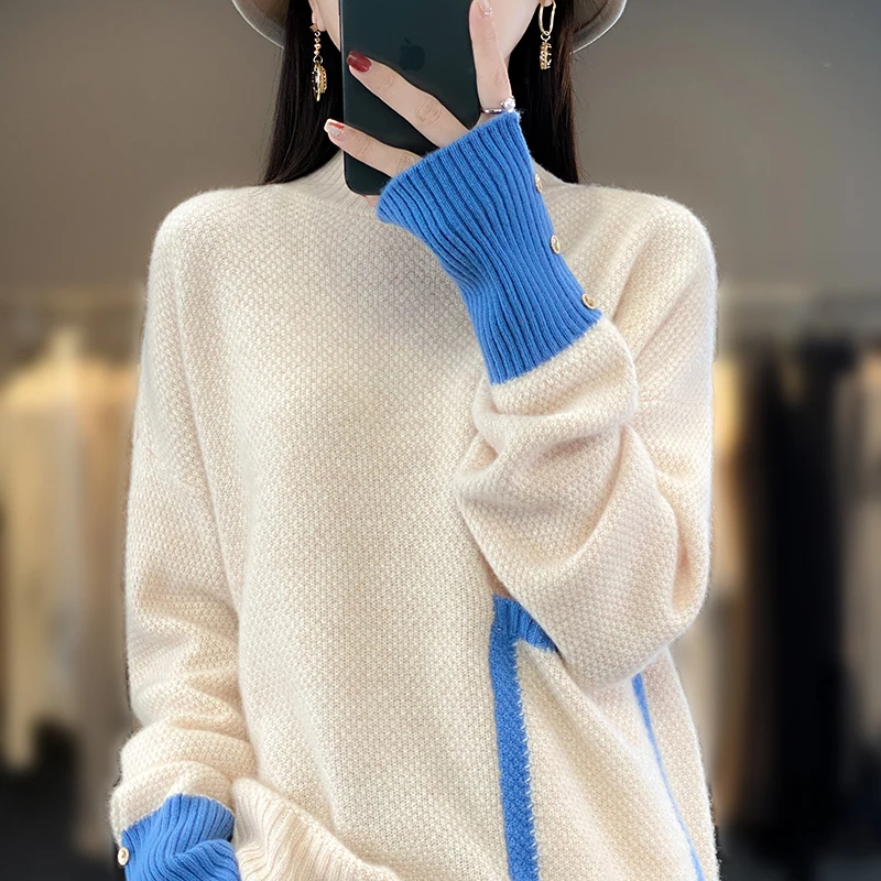 2023-autumn-winter-new-100-wool-cashmere-sweater-women's-knitted-casual-pullover-half-high-collar-contrast-pocket-fashion-top