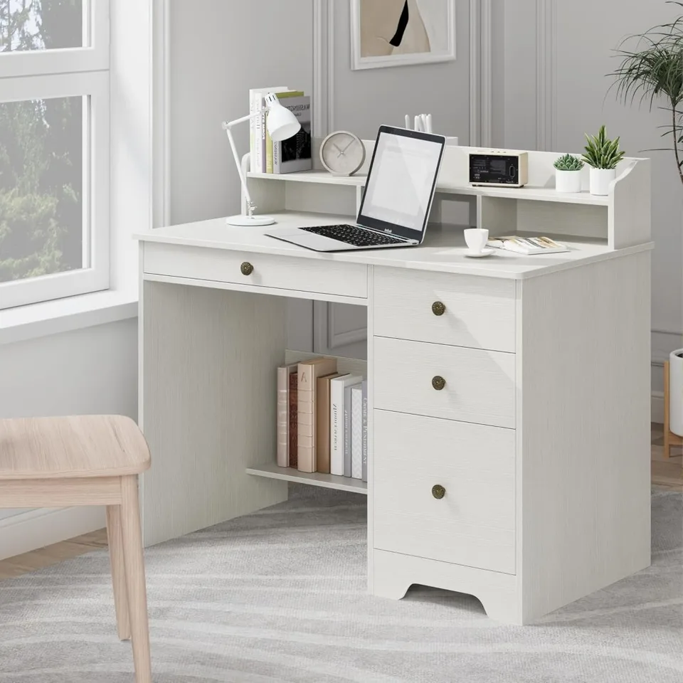 Rustic Wood Computer Desk with Hutch and Drawers
