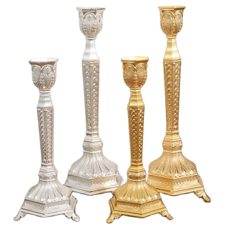

European Style Candlestick High Footed Retro Engraved Alloy Dinner Wedding Party Hotel Candle Lamp Classical Table Decoration