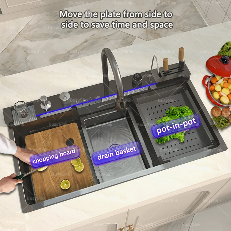 Stainless Steel Waterfall Kitchen Sink Cup Washer Knife Rack Embossed Extra Large Single Slot Apartment Left Side Drainage kitchen sink