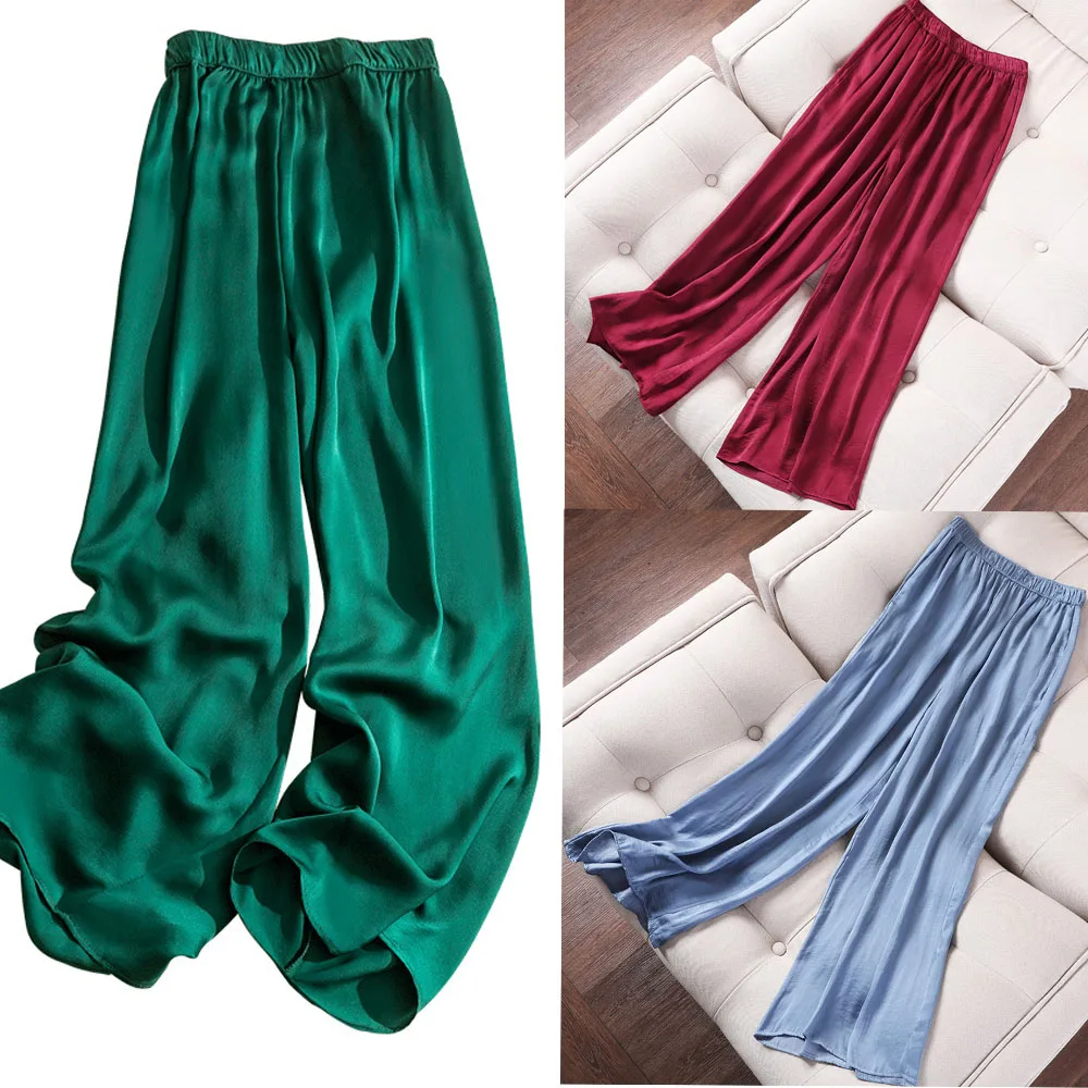 

Summer Women's Pants Ice Silk Length Wide Leg Pant Women High Waisted Trousers Soft Loose Female Slacks