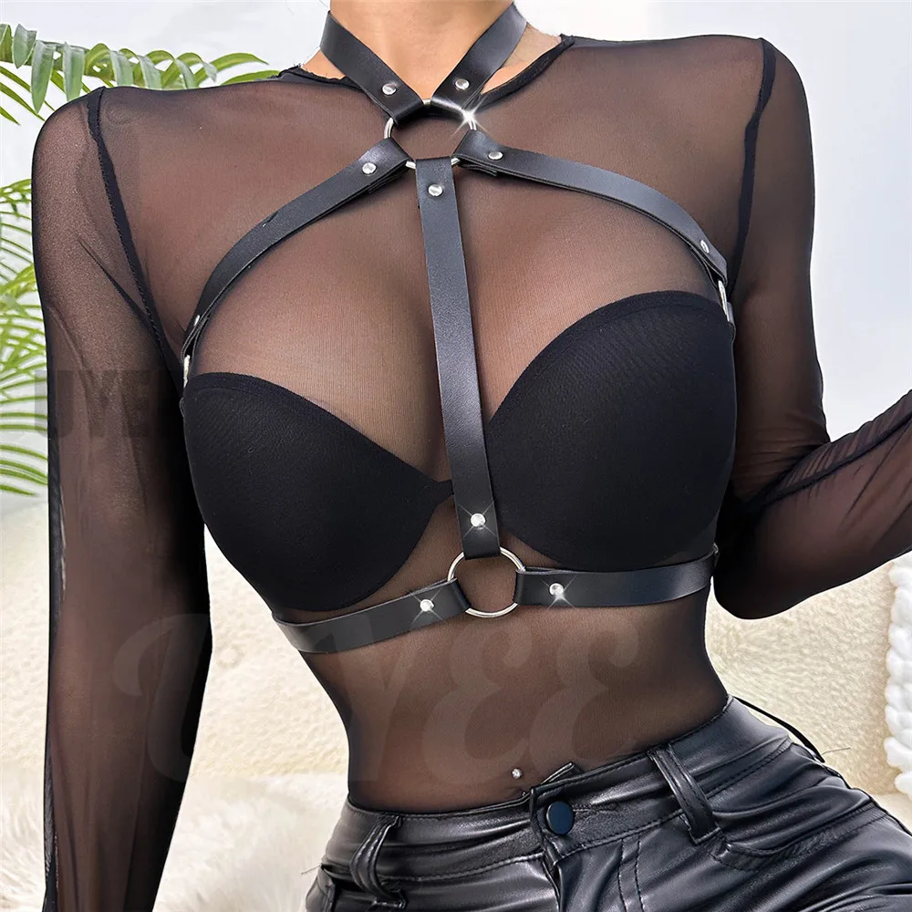 

UYEE Gothic Bra Bondage Cage PU Leather Body Harness Strap Sexy Woman Lingerie Goth Garter Punk Stockings Belt Rave Clothes