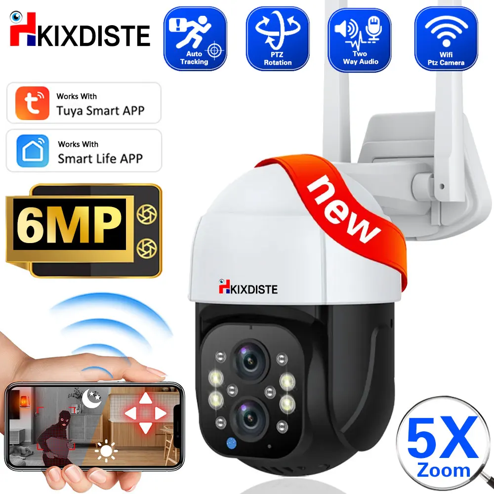 6MP 3K 5X Zoom Tuya Smart Dual-Lens Wifi IP Cameras Auto Tracking Wireless Security Outdoor Street PTZ CCTV Surveillance Camera