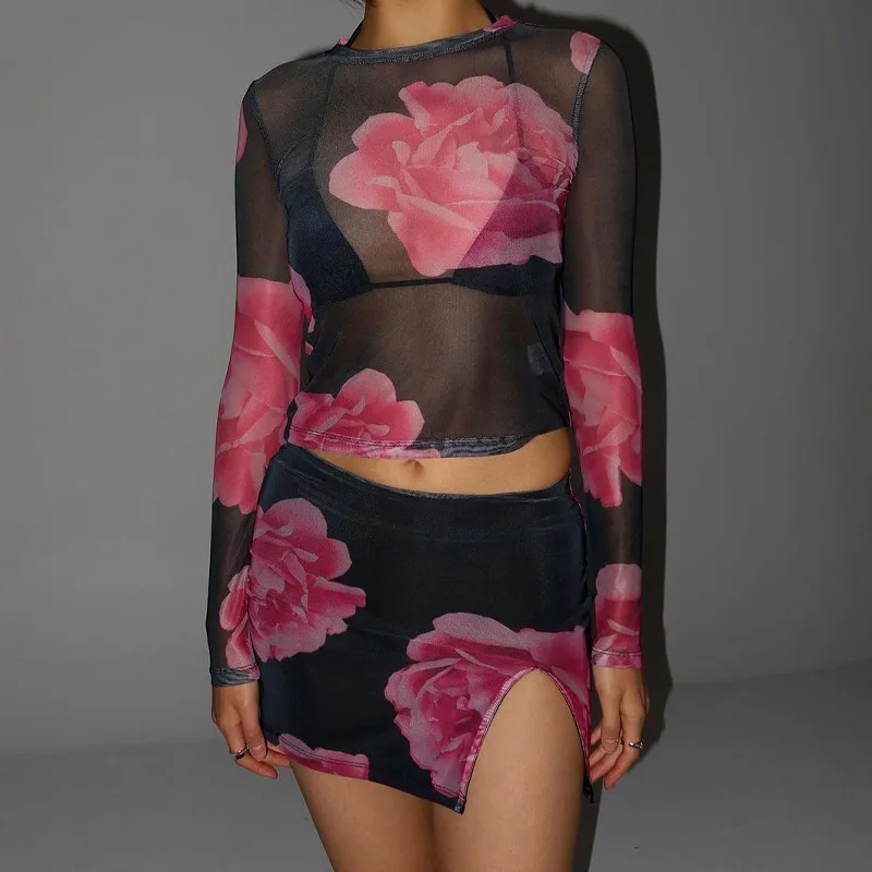 

Women's 2 Piece Summer Outfits Long Sleeve Sheer Crop Tops Floral Bodycon Skirt Set