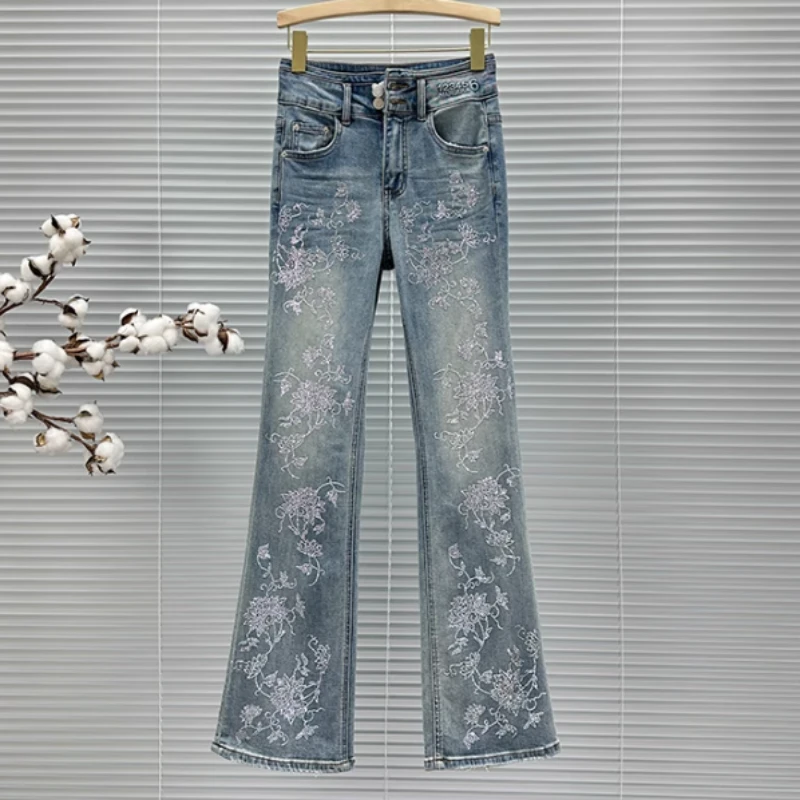 

INS Flower Rhinestone Jeans for Women Spring and Summer New Flare Pants 2024 High Waist All-Matching Bootcut Pants Street Jeans