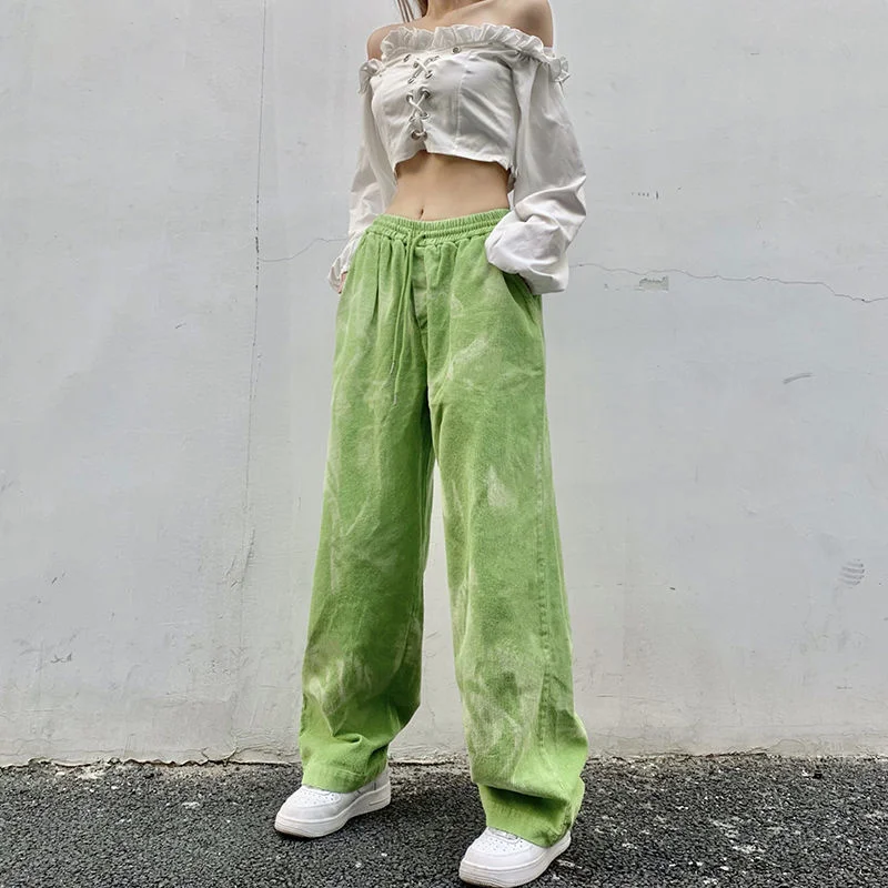 dress pants Y2K Green Corduroy Casual Streetwear Pants Women's Spring Harajuku Style High Waist Loose Straight Drawing Wide Leg Pants work trousers