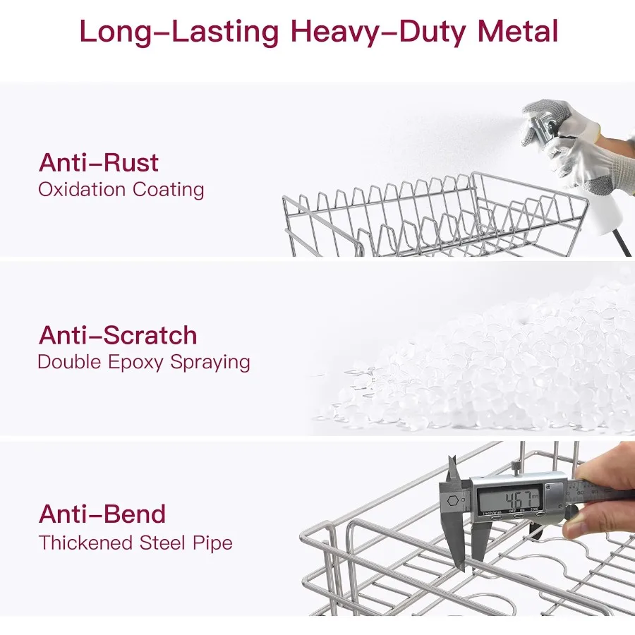 2 Tier Red Large Stainless Steel Dish Drainers Drying Rack for Kitchen Counter with Drainboard Rust Proof Metal Space Saving Mo