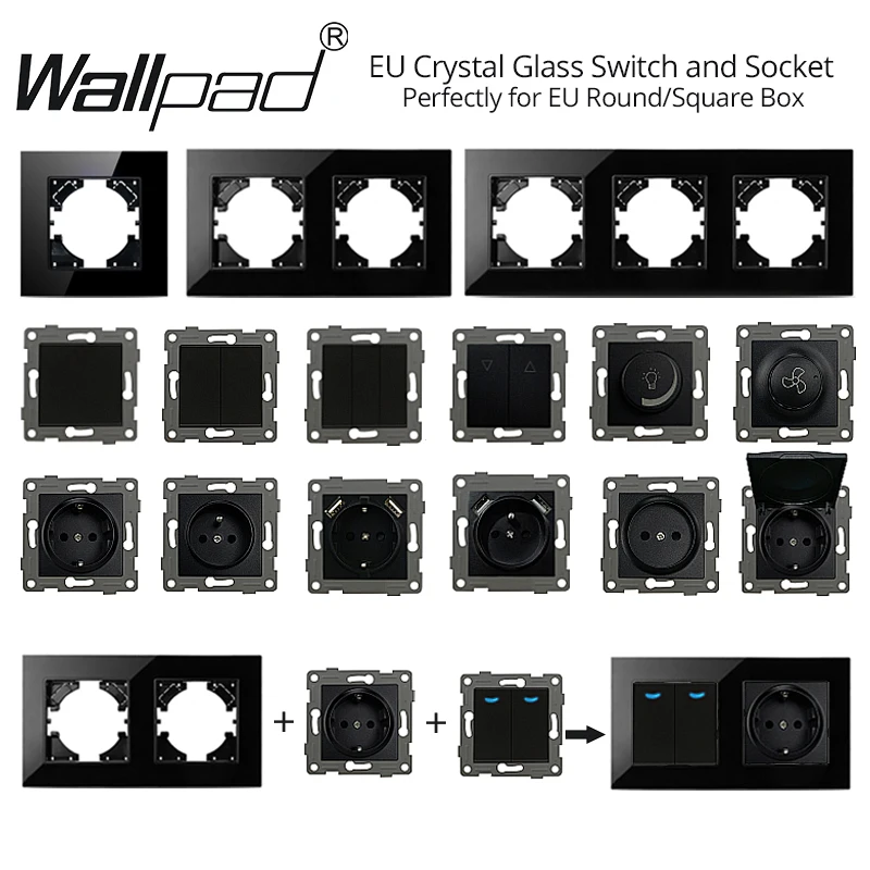 EU DIY Pure Black Crystal Glass Wallpad 1 2 Gang Pass Cross Push Button Curtain Switch USB Cat6 Data French Socket for Round Box