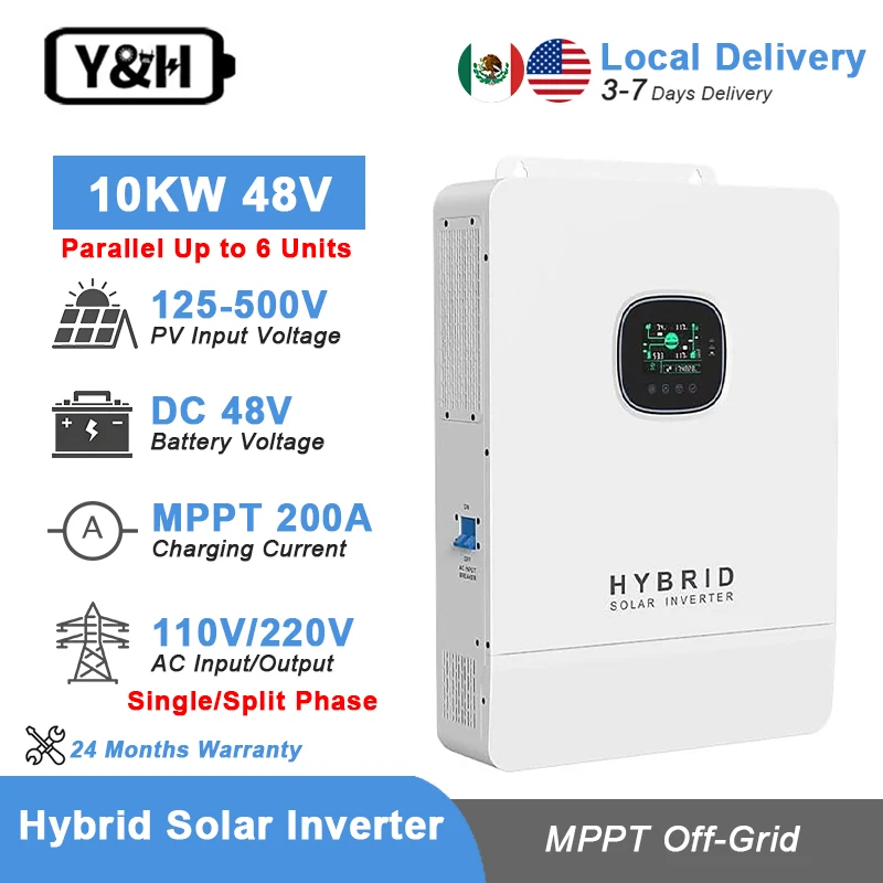 อินเวอร์เตอร์พลังงานแสงอาทิตย์แบบไฮบริด Y&H 10KW แยกเฟส 48VDC 120V/240VAC, ระบบออฟกริด คลื่นไซน์บริสุทธิ์ 200A MPPT รองรับการชาร์จพลังงานแสงอาทิตย์แบบขนาน 1