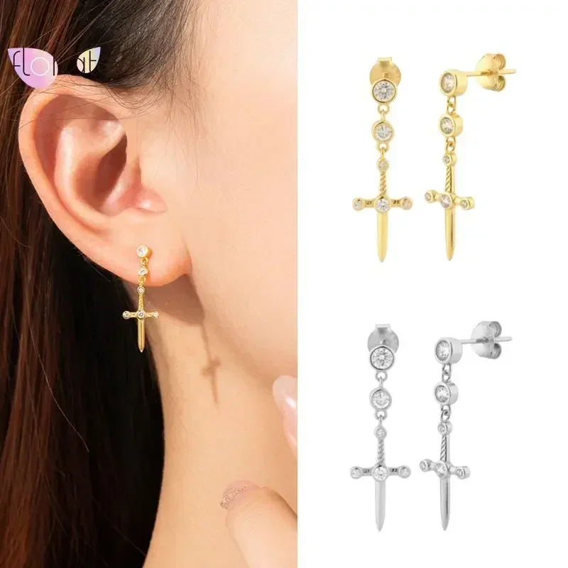 High Quality 925 Sterling Silver Needle Metal Dagger Cross Pendant Hoop Earrings for Women Charm Sword Earring Vintage Jewelry 4