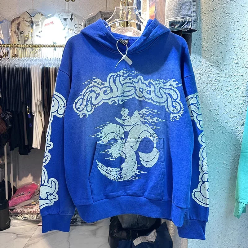 

Hellstar Blue Vintage Wash Anniversary Graffiti Print High Street 1:1 Oversized Couple Sports Hoodie y2k