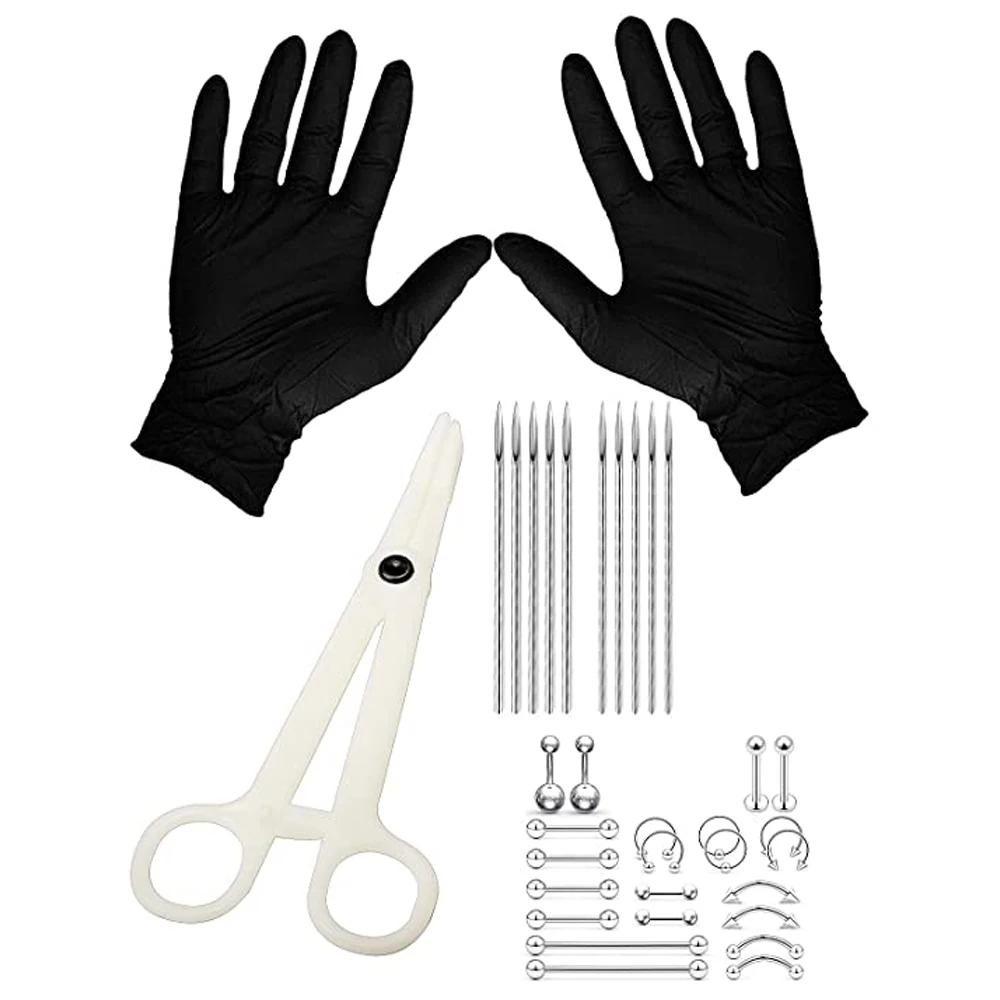 Body Piercing Kit WKOUD Piercing Kit Stainless Steel Eyebrow Rings Horseshoe Rin Industrial Piercing Jewelry Women Men 14G 16G Needles