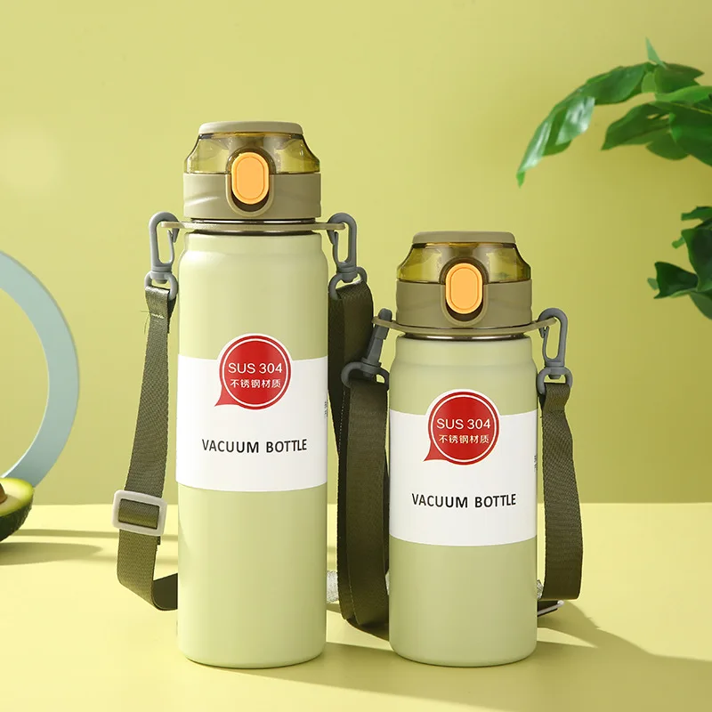 304 Sport Vacuum Flask With Straw Portable Thermos Mug With Strap 600Ml