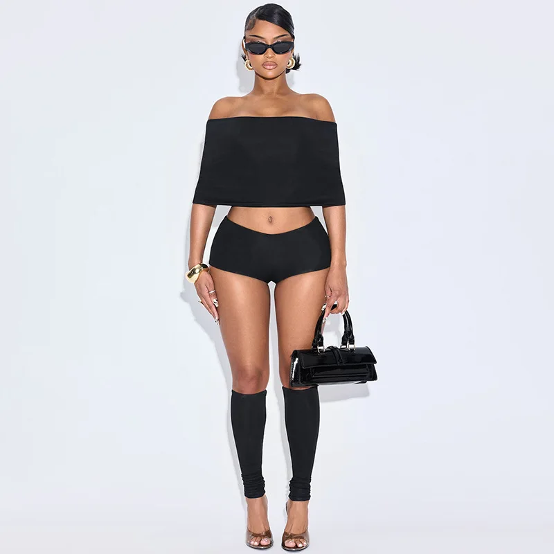 Black Sexy Going Out 3 Piece Set Off Shoulder Crop Tops and Shorts Leggings Clubwear Baddies Outfits Trendy Women Summer Clothes