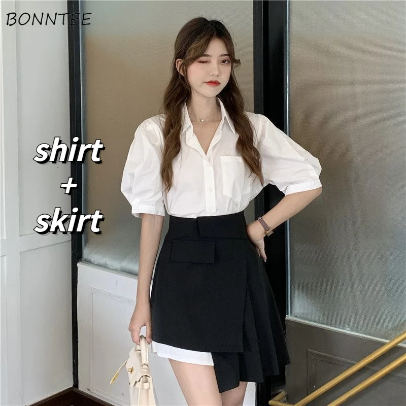 

Sets Women Shirt and Pleated Skirt Femme 2 Pieces Summer Sweet Style Irregular Chic Pockets Deisgn Mujer De Moda Holiday Solid