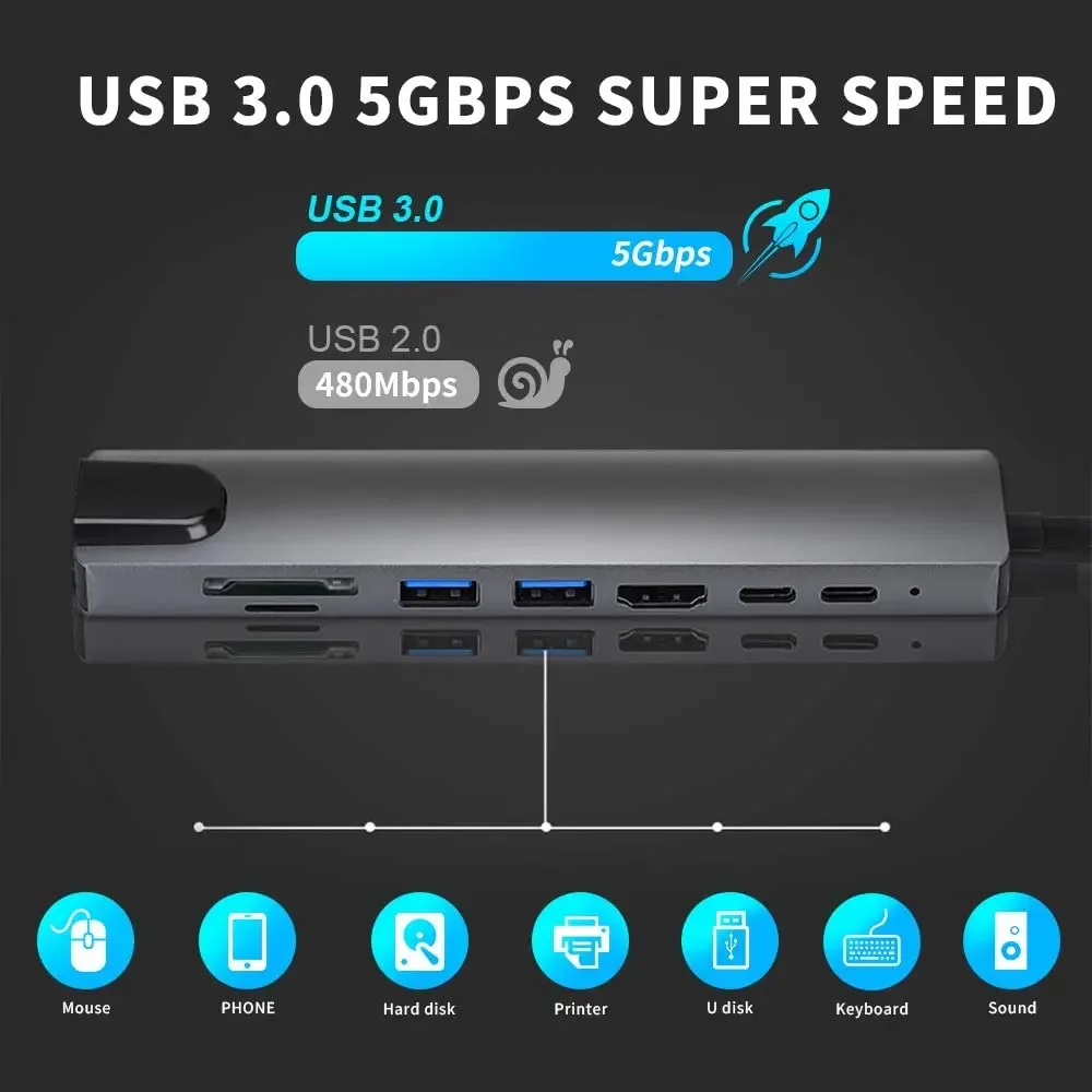 USB 3.0 Hub For Laptop Adapter PC Computer PD Charge Dock Station RJ45 HDMI-compatible TF/SD Card Notebook Type-C Splitter 6