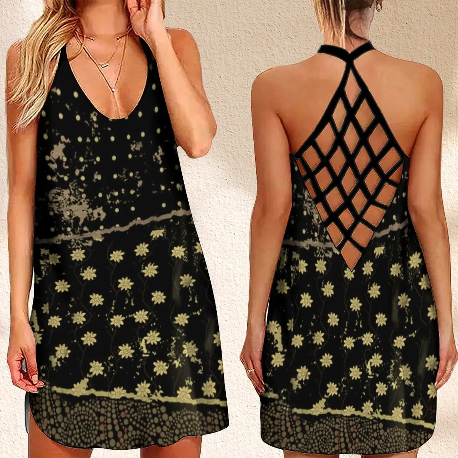 

Женское летнее платье без рукавов, с открытой спиной и цветочным принтом в горошек