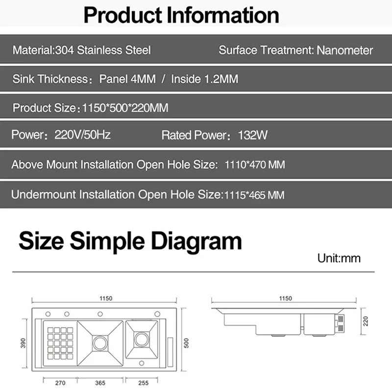 Large Size Smart Purifying Kitchen Sink Handmade Step Sink Ultrasonic Smart Purifying Kitchen Island Sinks ASRAS 11550 NJH