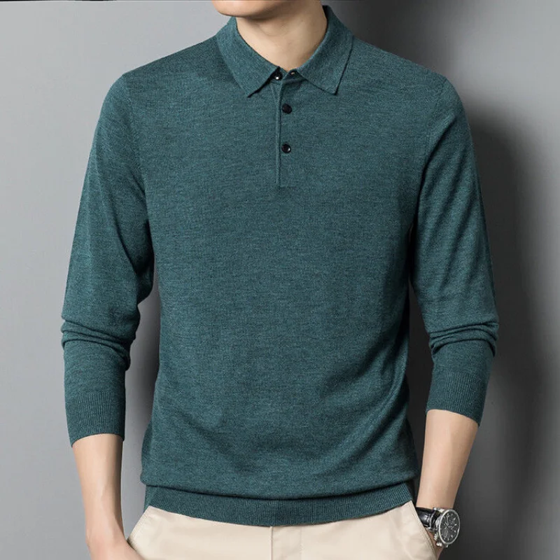 Fashion Men Spring Autumn Wool Sweater T-Shirt Korean New Smart Casual Lapel Versatile Long Sleeve Knitted Casual Pullovers Tops