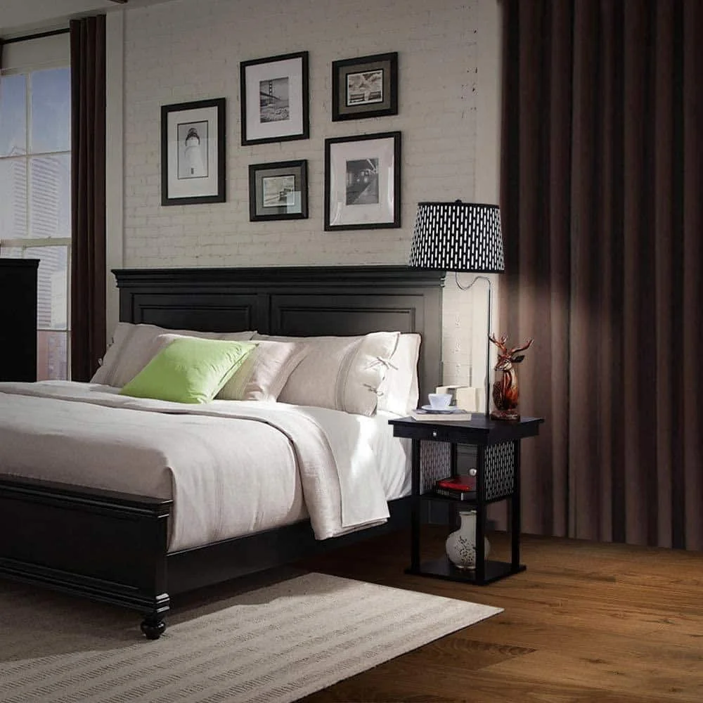US Madison 56 in. Classic Black Mid-Century Modern LED Bedside Table Lamp with Fabric Drum Shade and Built-In USB Port