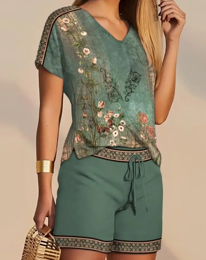 Summer Fashion New Style Floral Tribal Print Top & Drawstring Shorts Set Simple and Personalized Commuting Casual Shorts Set