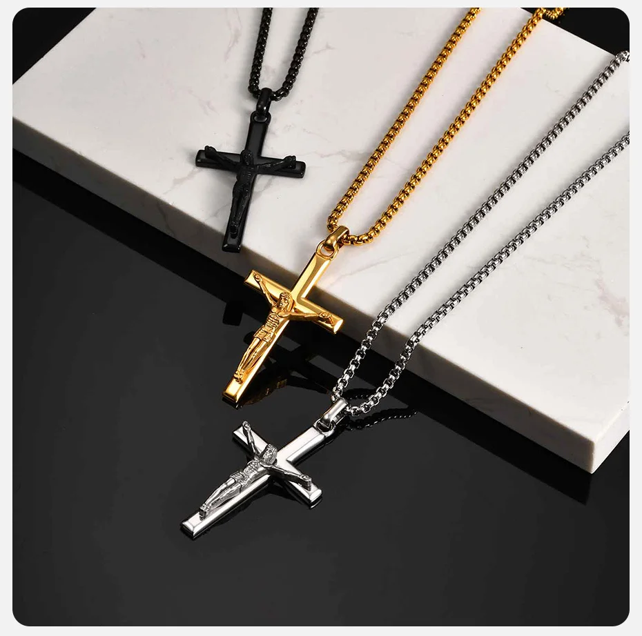 Wasserdichte Kruzifix-Kreuz-Halskette für Männer und Jungen, katholische Kreuz-Anhänger-Halskette aus Edelstahl, religiöser Glaube, Schmuck, Geschenk – Detail 7