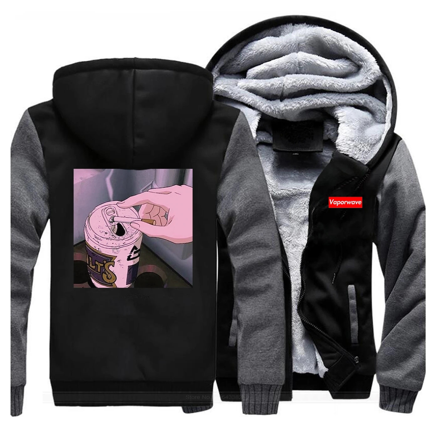 

Retro Anime Aesthetic Jackets Men Vintage Sweatshirt Hoodies Winter Thick Zipper Fleece Warm Coat Jacket Black Sportswear