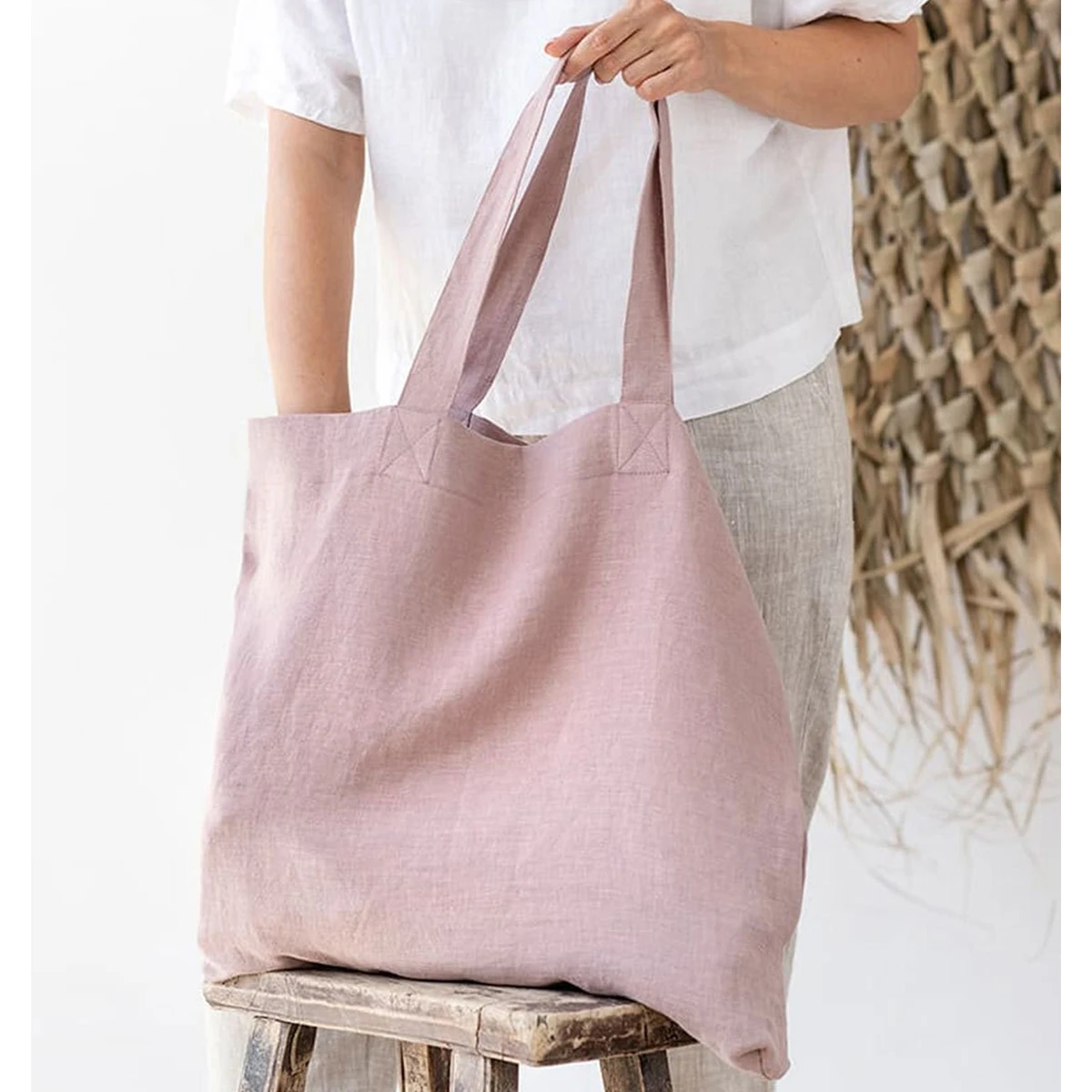 French Dew Retting Leinen 100 % reines Hanf Supermarkt Umwelt Stoff Tasche Träger faltbare tragbare Einkaufstasche Frauen