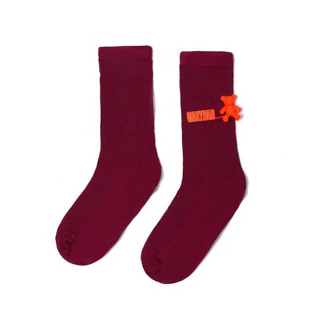 Black and White Pure Color Tube Socks Female Pin Bear Lovely Personality Tide Socks INS Korean Students Long Tube Cotton Socks 17