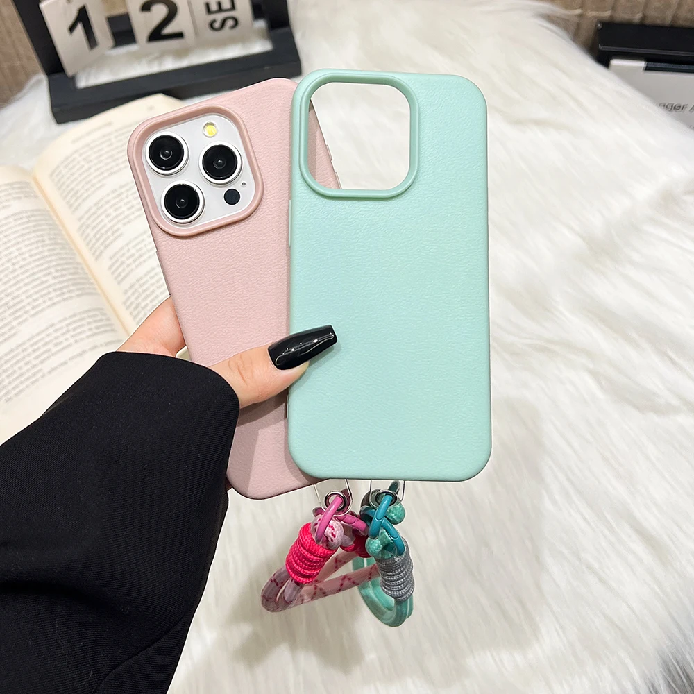 Cute Candy Leather Texture With Wrist Strap Case For iPhone 17 Air 16 15 14 11 12 13 16 Pro Max 16 Plus Solid Color Soft Cover 6
