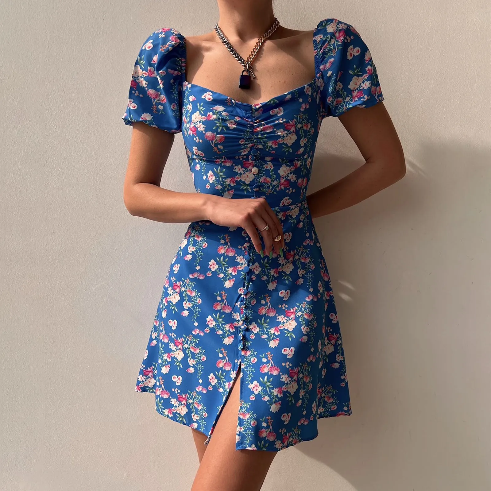 

Ladies Summer Print Mini Dress 2024 Square Collar Bubble Sleeveyouthful Woman Clothes Corset Strapless Female A-Line Dresses