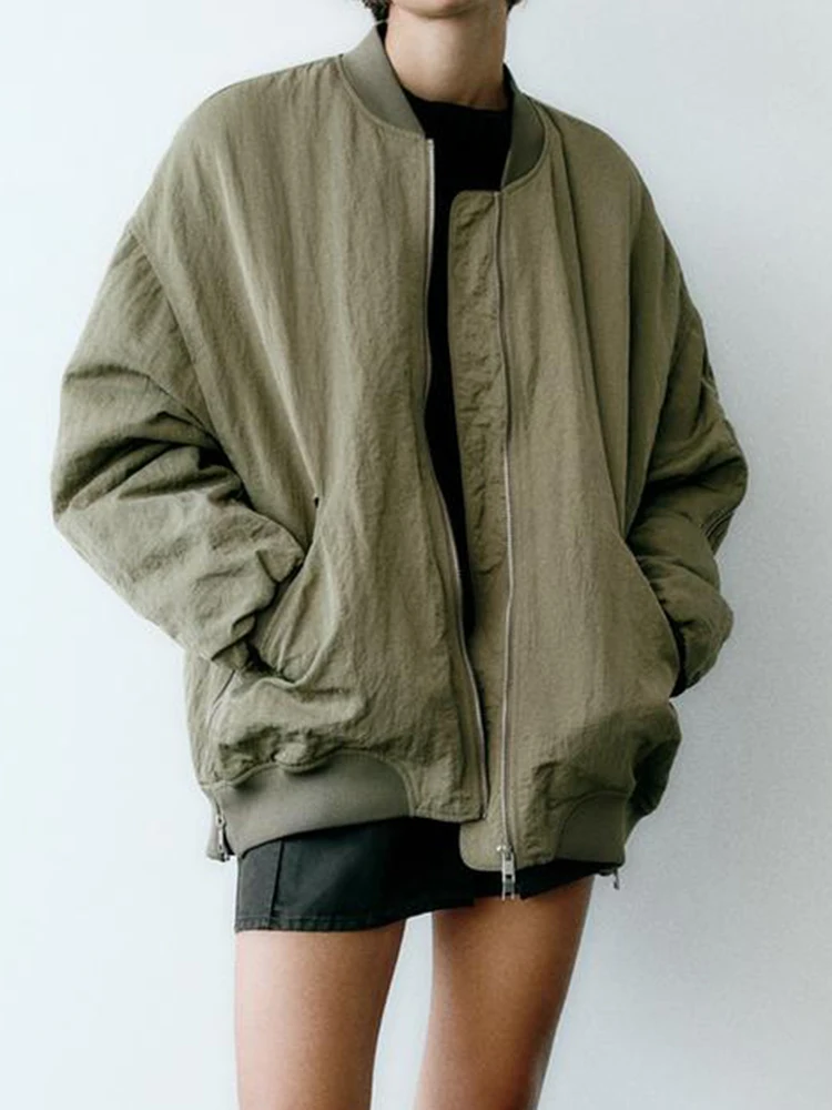 

Куртка-бомбер женская однотонная, модный свободный пилот на молнии спереди, с V-образным вырезом и длинным рукавом, Повседневная Уличная одежда