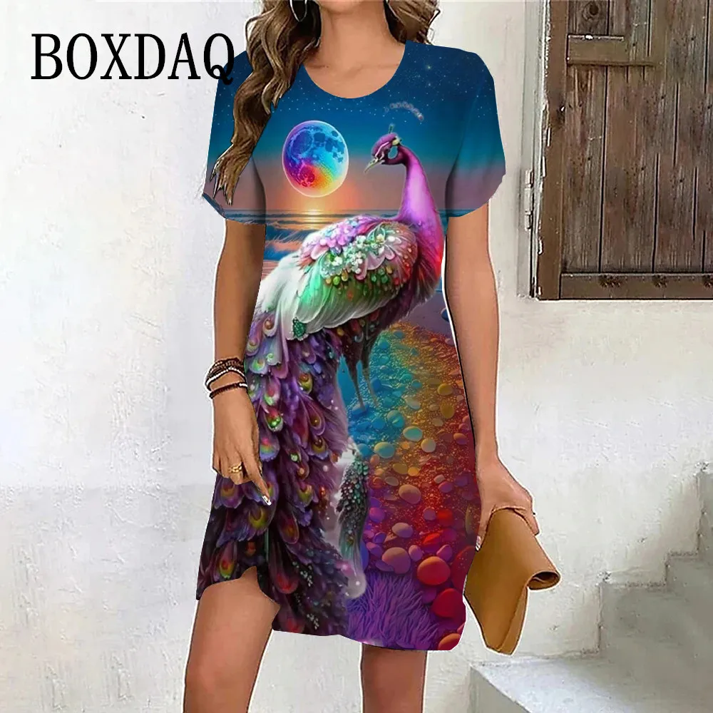 

3D Peacock Print Dresses For Women 2024 Summer Gradient Scenery Short Sleeve Dress Casual Fashion O-Neck Oversized Mini Dresses