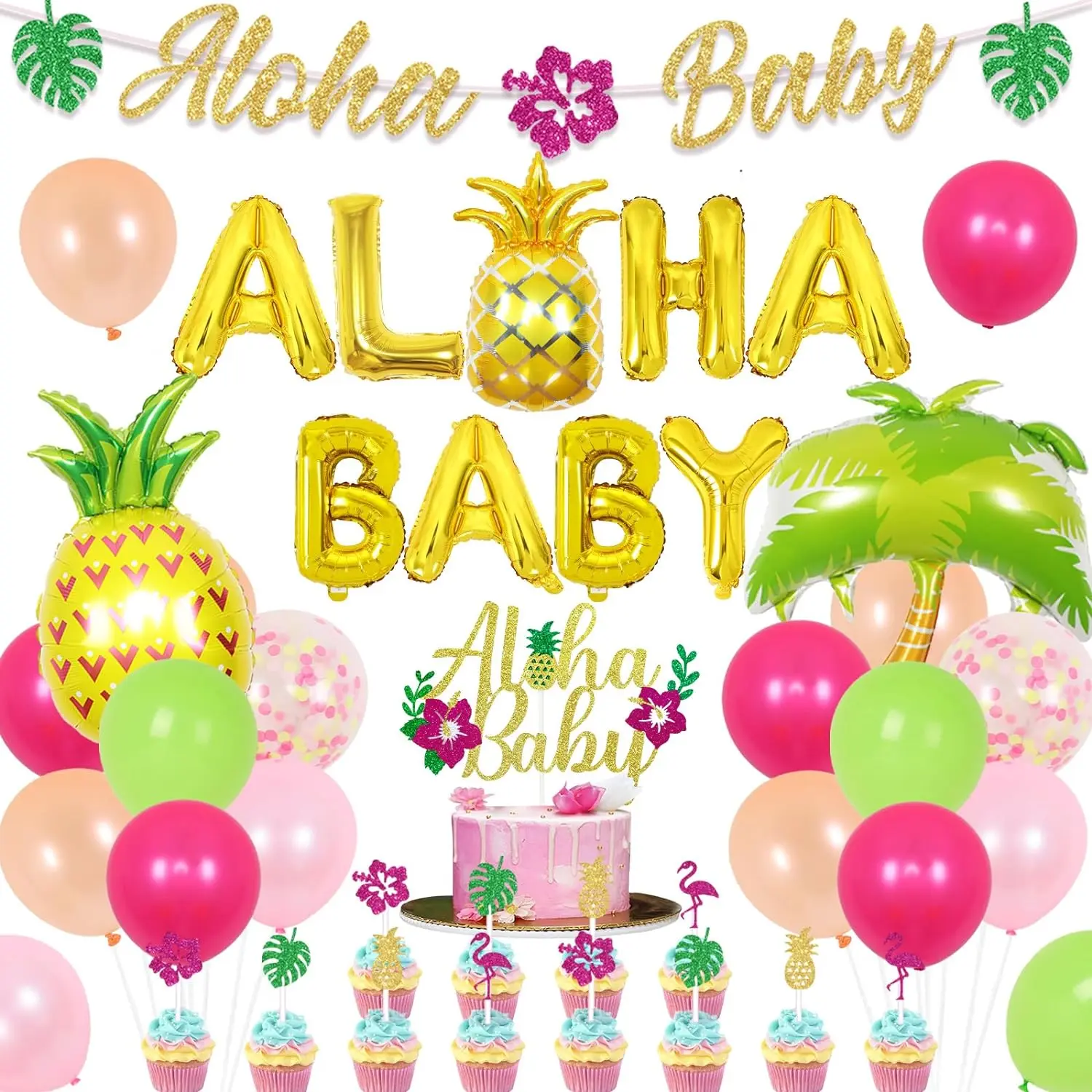 

Aloha BabyShower Decor Tropical Hawaiian Flamingo Luau Party Banner CakeTopper Coconut Tree Pineapple Balloon Summer Beach Theme