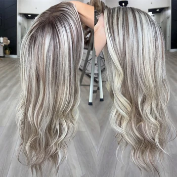 100 veri capelli umani parrucca bionda cenere radici scure onda del corpo evidenziare parrucche brasiliane 13x6 pizzo trasparente colorato pronto da indossare per
